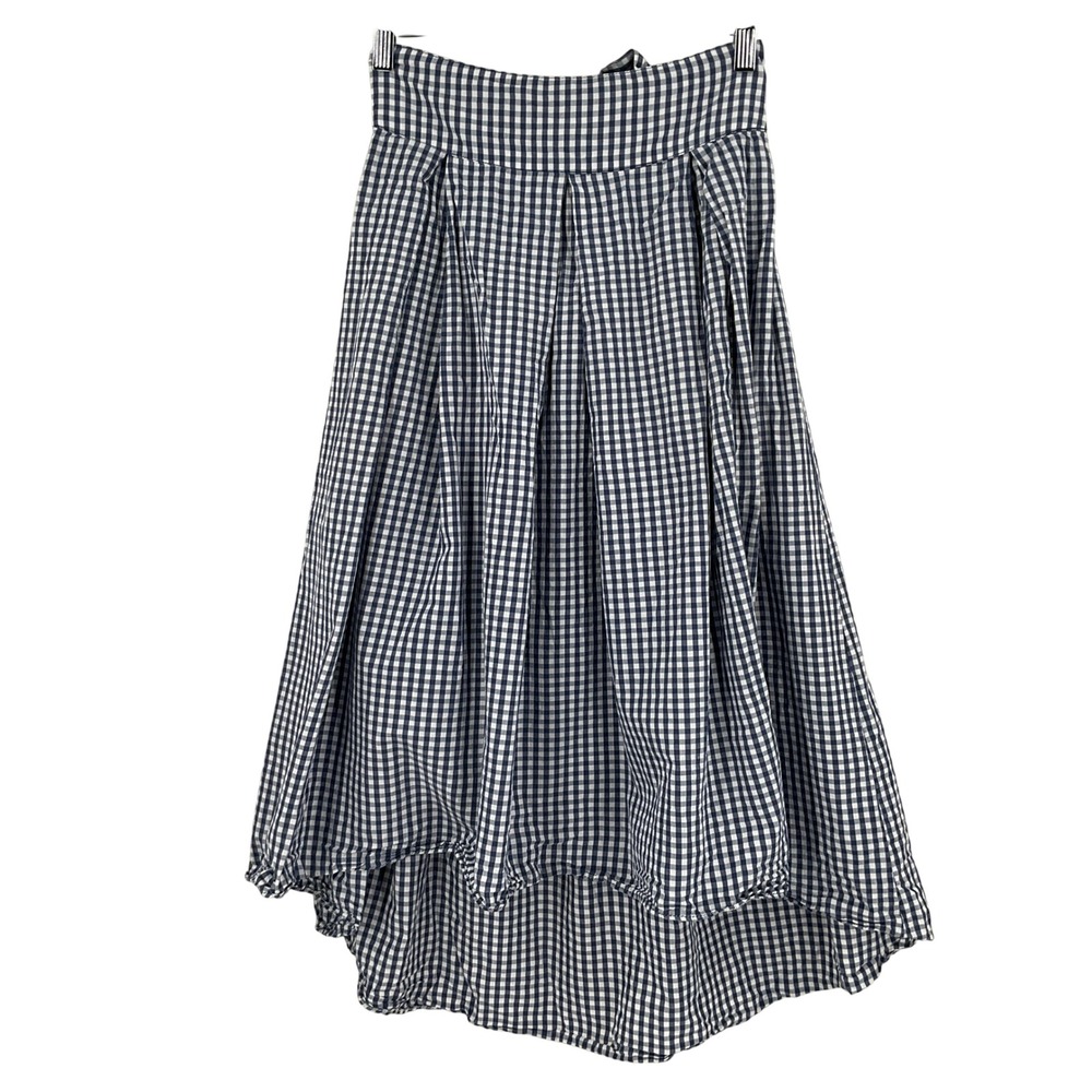 Max Studio Navy‎ Gingham Cotton High-Low Midi Skirt Sz XS Picnic Preppy Romantic